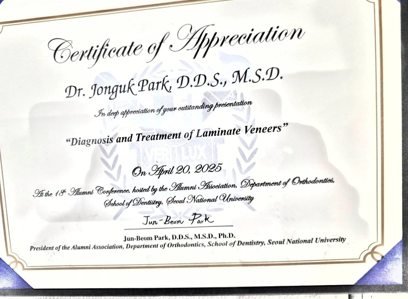 감사장: 서울대 치대 교정과 동문회, Diagnosis and Treatment of Laminate Veneers, 제18회 동문 학술대회